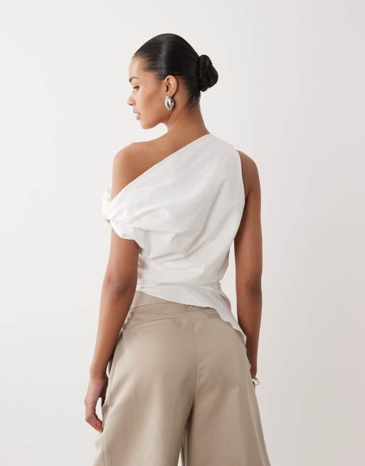 SNDYS - Asymmetrische top van linnenmix met gerimpeld detail in wit, 3 van 4