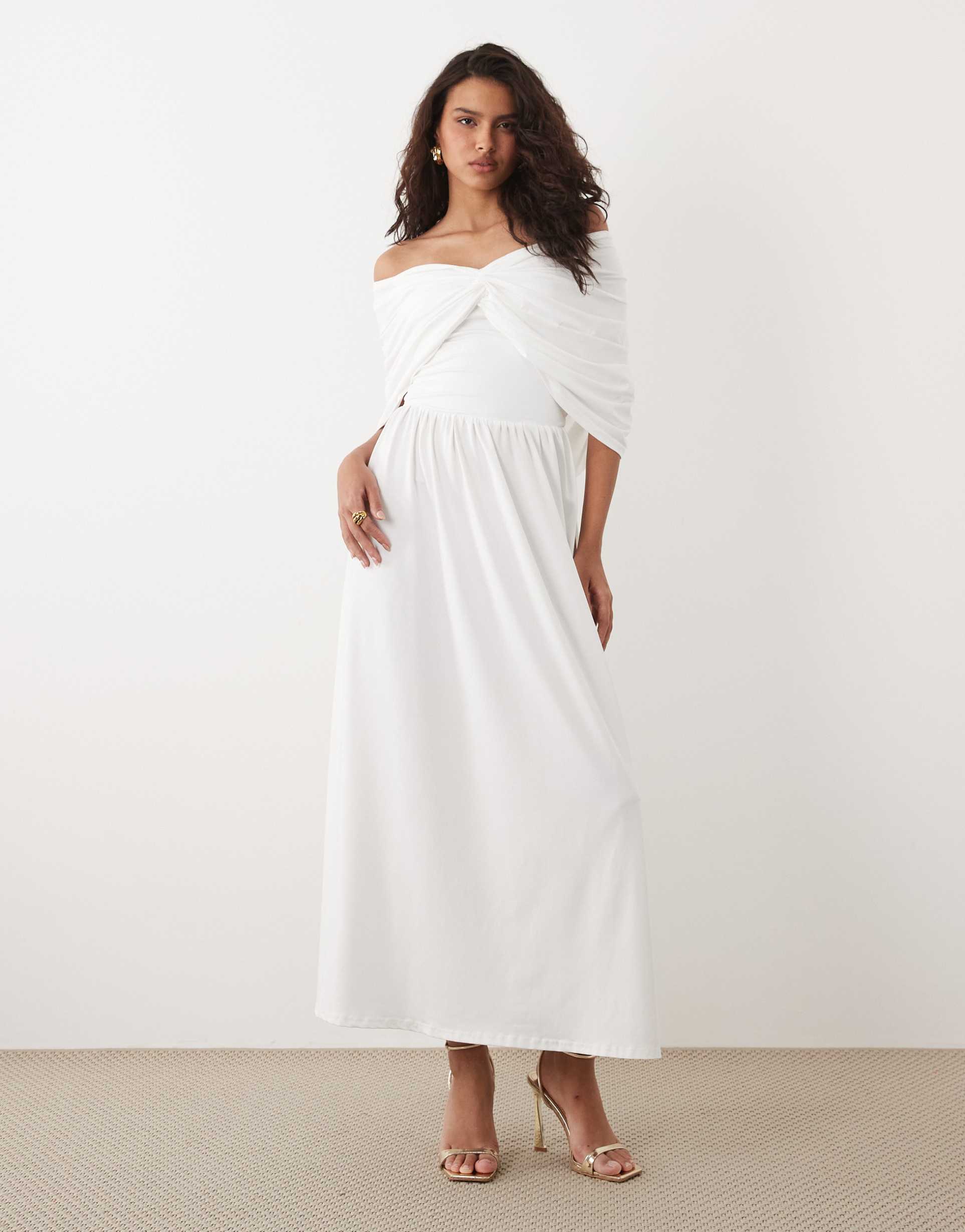 sndys bandeau draped shoulder detail dropped waist maxi dress in white