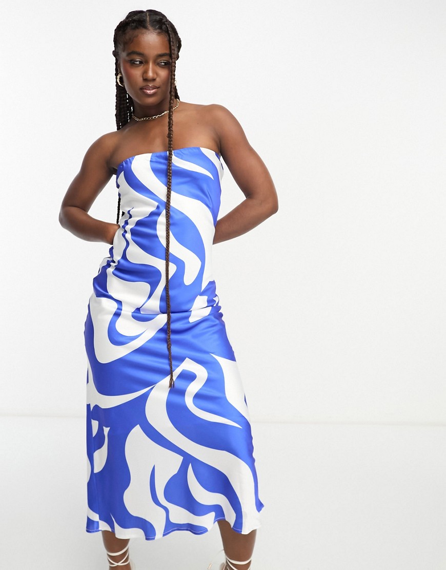 Sndys Bandeau Satin Midi Dress In Blue Swirl Print-multi