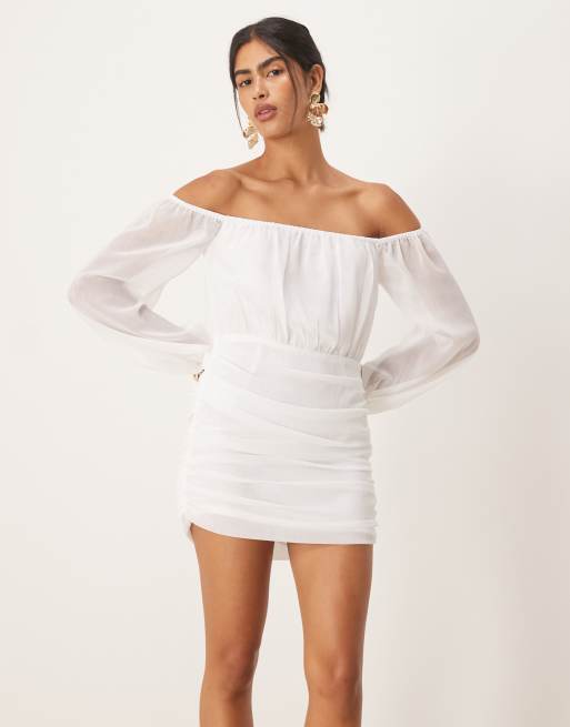 SNDYS bardot mesh long sleeve ruched detail mini dress in white | ASOS
