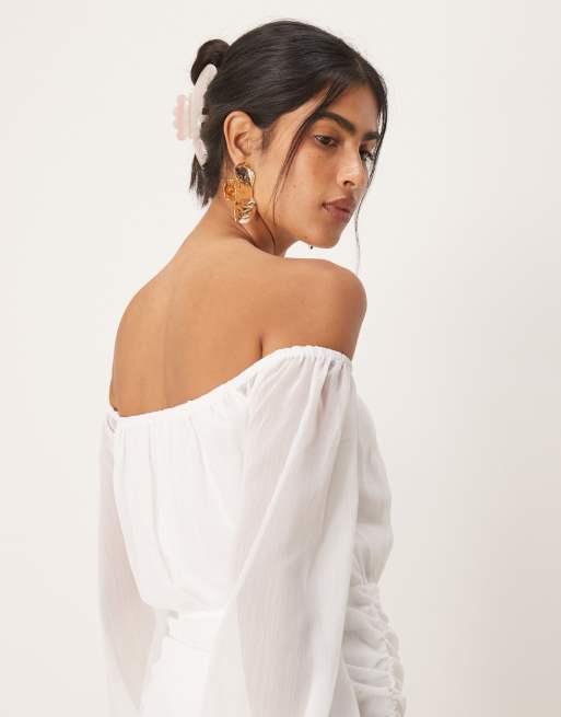 SNDYS bardot mesh long sleeve ruched detail mini dress in white | ASOS