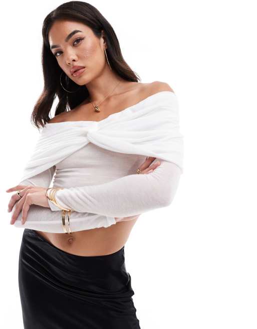 SNDYS - Bardot-top met gedraaide mesh bovenlaag in wit