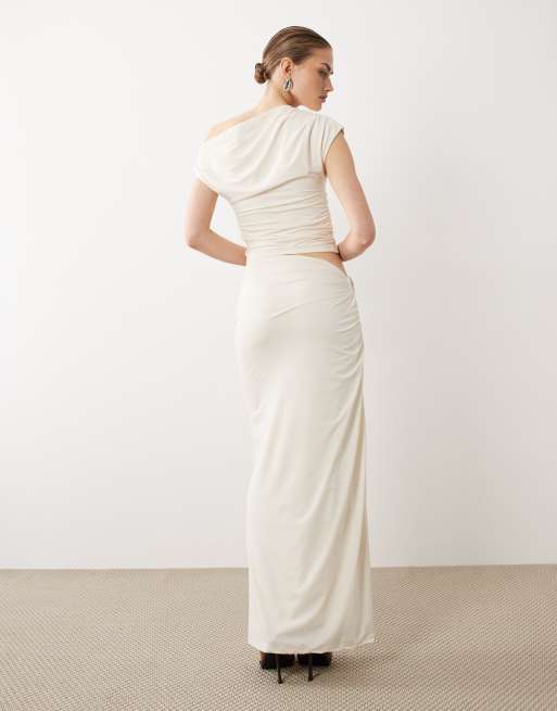 SNDYS beaded ring detail asymmetric waist maxi skirt co-ord in cream, 5 of 5