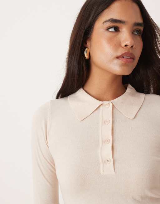 SNDYS – Beige, finstickad pikétröja med krage, 2 av 4