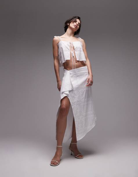 SNDYS cotton embroidered drape detail midaxi skirt co-ord in white