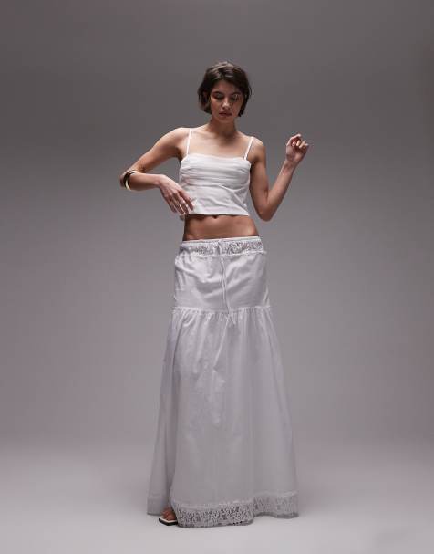 SNDYS poplin lace insert tiered maxi skirt in white