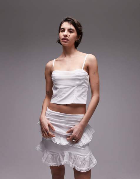 SNDYS strappy poplin ruched mesh bust sweetheart neck top in white