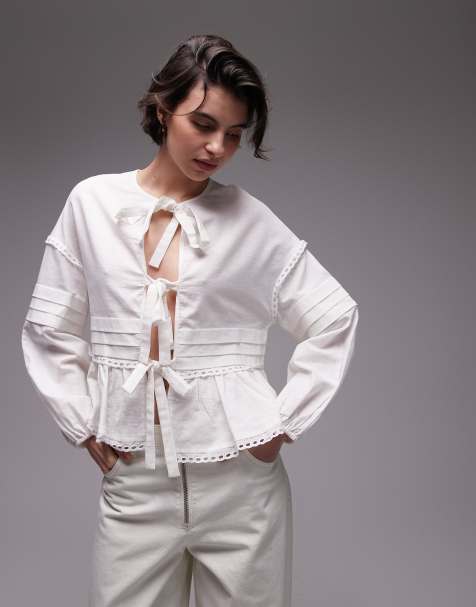SNDYS - Blusa in misto lino allacciata sul davanti con maniche a palloncino bianca - view 1