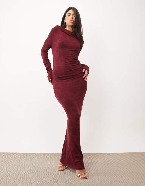 SNDYS boat neck bodycon maxi dress in burgundy floral print - view 1