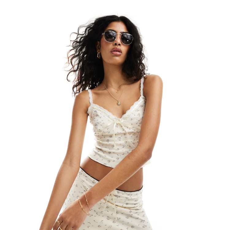 SNDYS bow front lace trim cami top co-ord in vintage floral