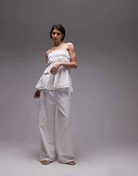 SNDYS - Broek met wijde pijpen van linnenmix met bloemen in wit, deel van co-ord set - view 1