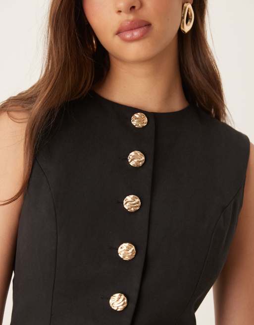 SNDYS button through wrap detail tie back mini dress in black, 3 of 4