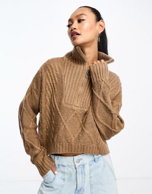 SNDYS cable knit wool mix half zip jumper in camel