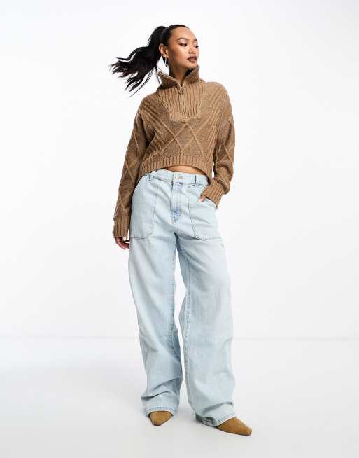 SNDYS cable knit wool mix half zip jumper in camel, 4 of 4