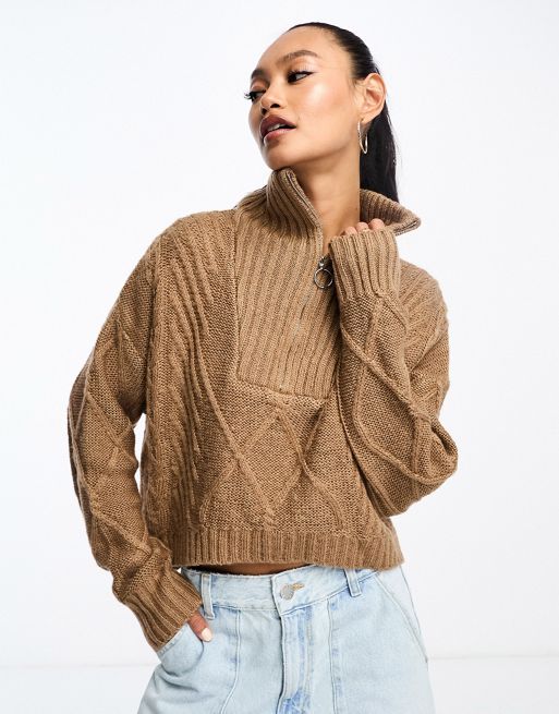 SNDYS cable knit wool mix half zip sweater in camel