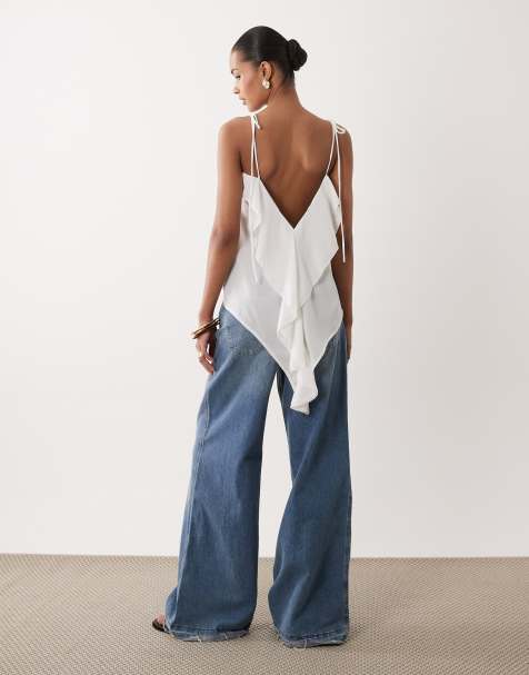 SNDYS cami ruffle detail low back tie shoulder top in white - view 1