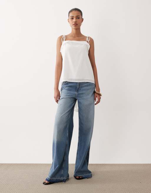 SNDYS cami ruffle detail low back tie shoulder top in white, 3 of 4