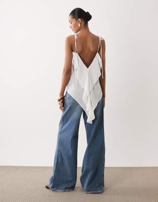 Sndys Cami Ruffle Detailed Low Back Tie Shoulders Top In White