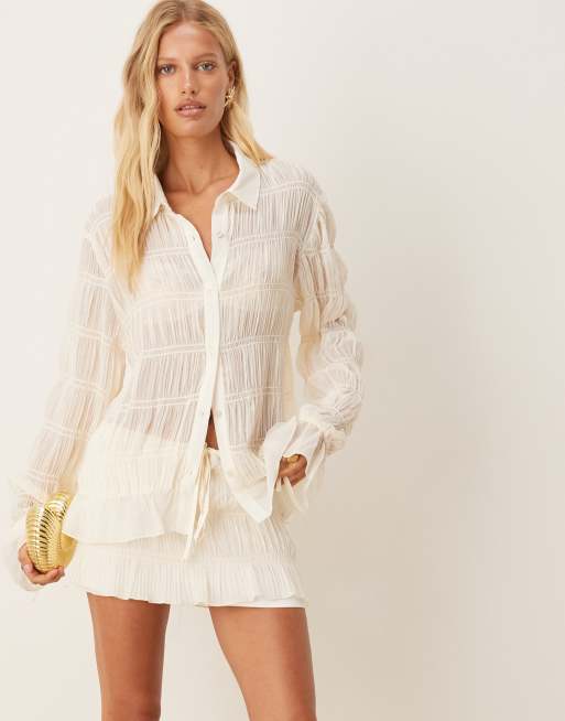 SNDYS - Camicia color crema arricciata trasparente con maniche svasate in coordinato