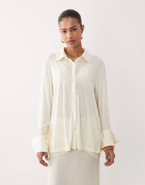 SNDYS - Camicia morbida in maglina semitrasparente bianco sporco con polsini ampi in coordinato - view 1
