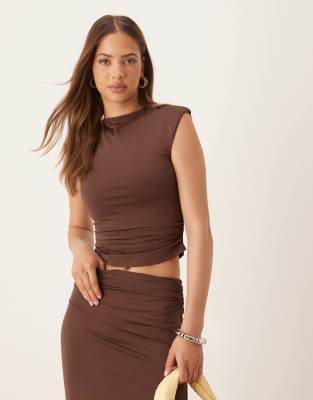 SNDYS SNDYS cap sleeve ruched side sleeveless top co-ord in chocolate-Brown