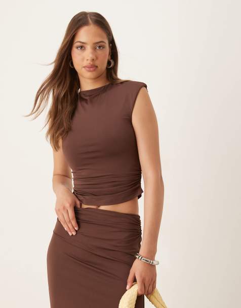SNDYS cap sleeve ruched side sleeveless top co-ord in chocolate - view 1