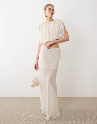 SNDYS chiffon contrast sheer tie side maxi skirt co-ord in off white
