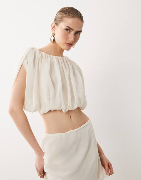 SNDYS chiffon heavy drape detail cropped top co-ord in off white - view 1