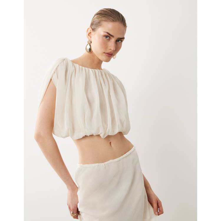 SNDYS chiffon heavy drape detail cropped top in off white - part