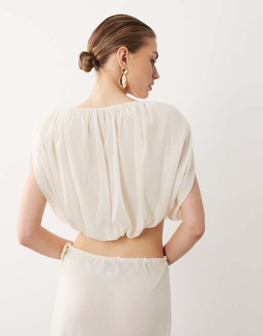 SNDYS chiffon heavy drape detail cropped top in off white - part of a set, 4 of 4