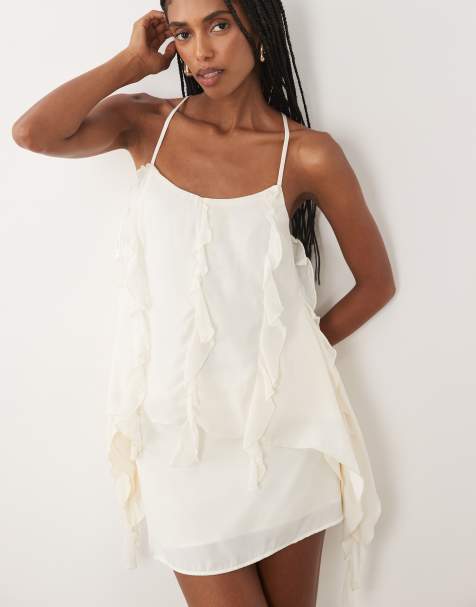 SNDYS chiffon ruffle drape cross back cami top co-ord in cream - view 1
