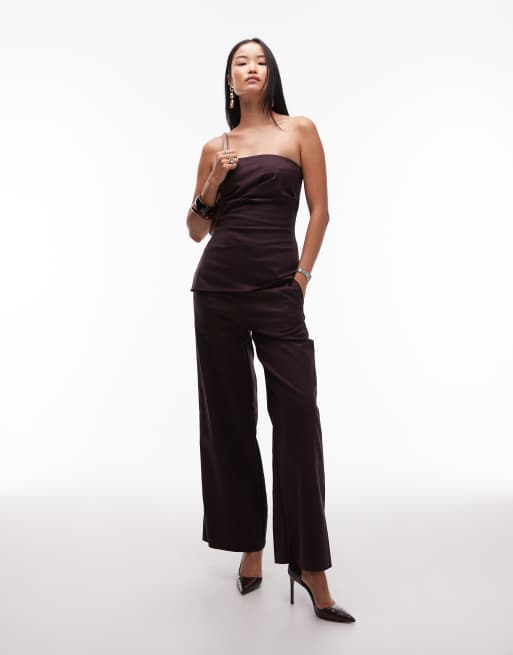 SNDYS - Coordinato premium color cioccolato con top taglio lungo a fascia con arricciatura laterale e pantaloni a fondo ampio