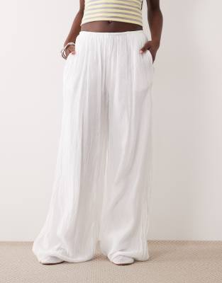 SNDYS cotton blend elasticated waist crinkle wide leg trouser in white