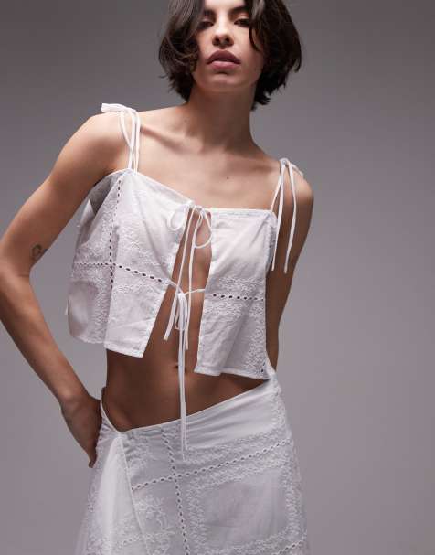 SNDYS cotton embroidered square neck cami tie front floaty top co-ord in white