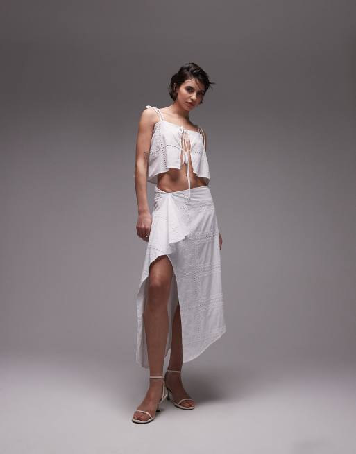 SNDYS cotton embroidered square neck cami tie front floaty top in white - part of a set, 2 of 4