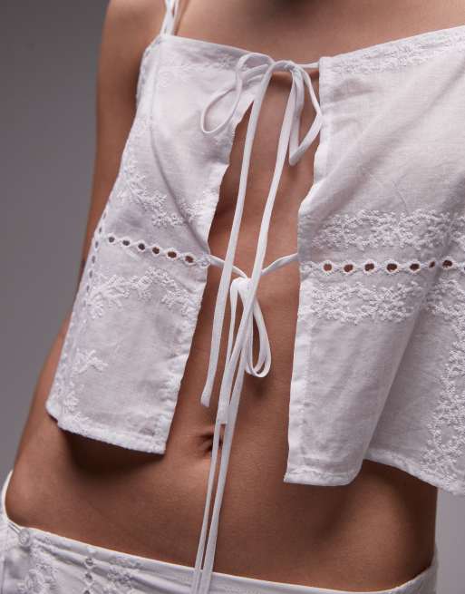 SNDYS cotton embroidered square neck cami tie front floaty top in white - part of a set, 3 of 4