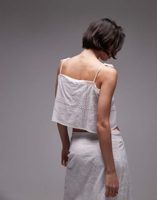 SNDYS cotton embroidered square neck cami tie front floaty top in white - part of a set, 4 of 4