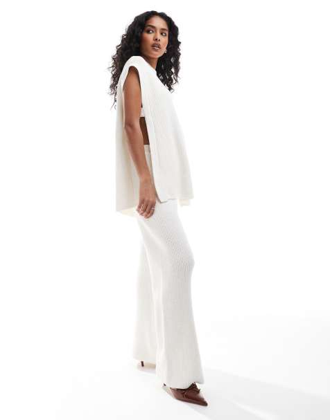SNDYS cotton knitted wide leg trousers co-ord in white - view 1