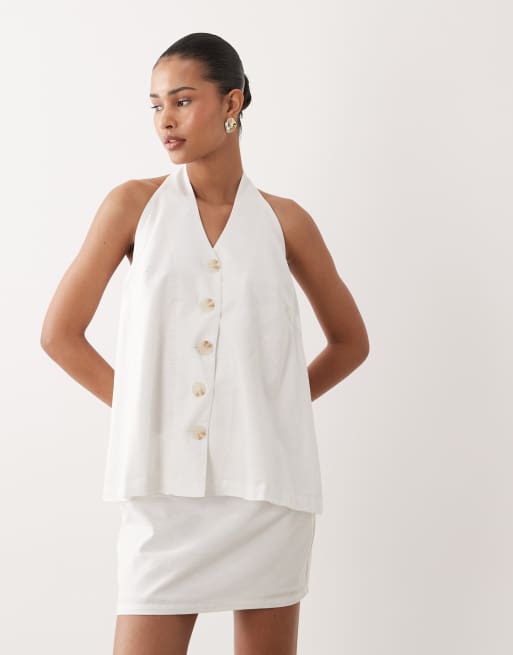SNDYS cotton & linen blend halterneck button through longline sleeveless top and mini skirt set in white, 3 of 3