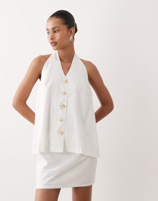 Sndys Cotton & Linen Blend Halterneck Button Up Longline Sleeveless Top In White