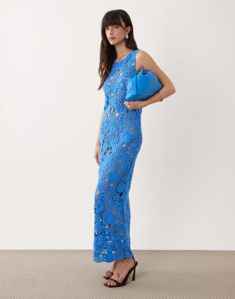 SNDYS cotton rich flower open crochet maxi dress in blue - view 1