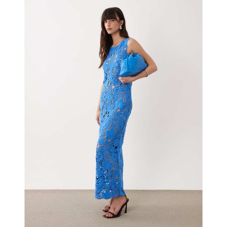 SNDYS cotton rich flower open crochet maxi dress in blue | ASOS