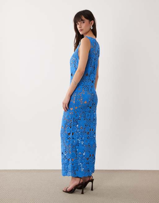 SNDYS cotton rich flower open crochet maxi dress in blue, 4 of 4