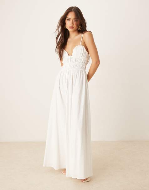 SNDYS cotton scalloped bust detail ruched waist open back maxi dress in white