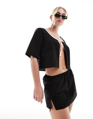 cotton side slit mini skirt in black - part of a set