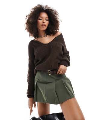 SNDYS SNDYS cotton sweetheart plunge neck jumper in brown