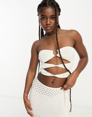 SNDYS crochet bandeau ring detail top co-ord in white