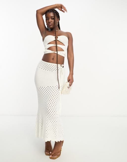 SNDYS crochet bandeau ring detail top co-ord in white