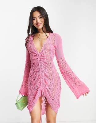 Sndys Crochet Bell Sleeve Mini Dress With Ruched Detail In Pink | ModeSens