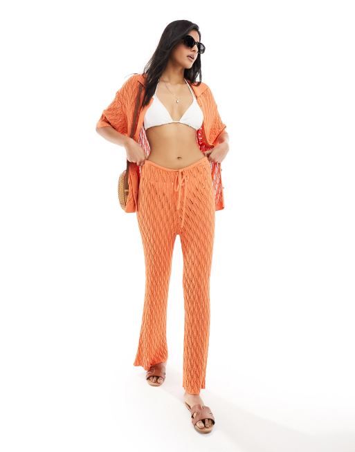 SNDYS crochet flared trouser co-ord in orange, 3 of 5